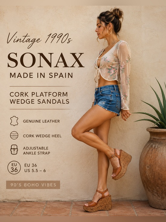 Jacob Shoes - VTG 90s  Sonax Spain Cork Platform Wedge Sandals EU 36 US 5.5-6 Cognac Leather